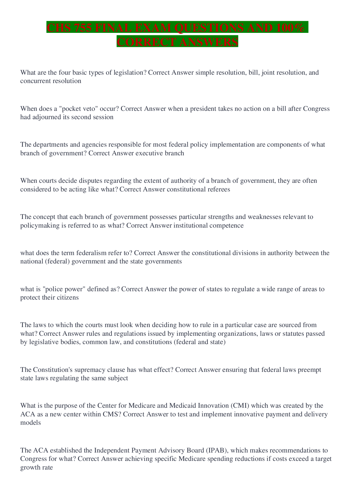 Preview image for CHS 755 FINAL EXAM  QUESTIONS AND  100% CORRECT ANSWERS